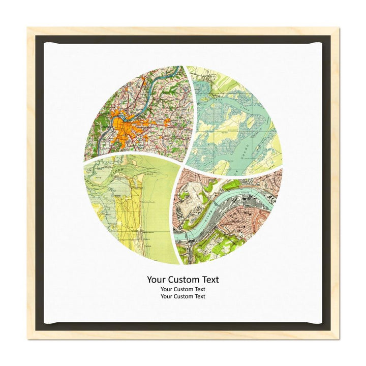 Circle Shape Atlas Art Personalized with 4 Joining Maps#color-finish_light-wood-floater-frame
