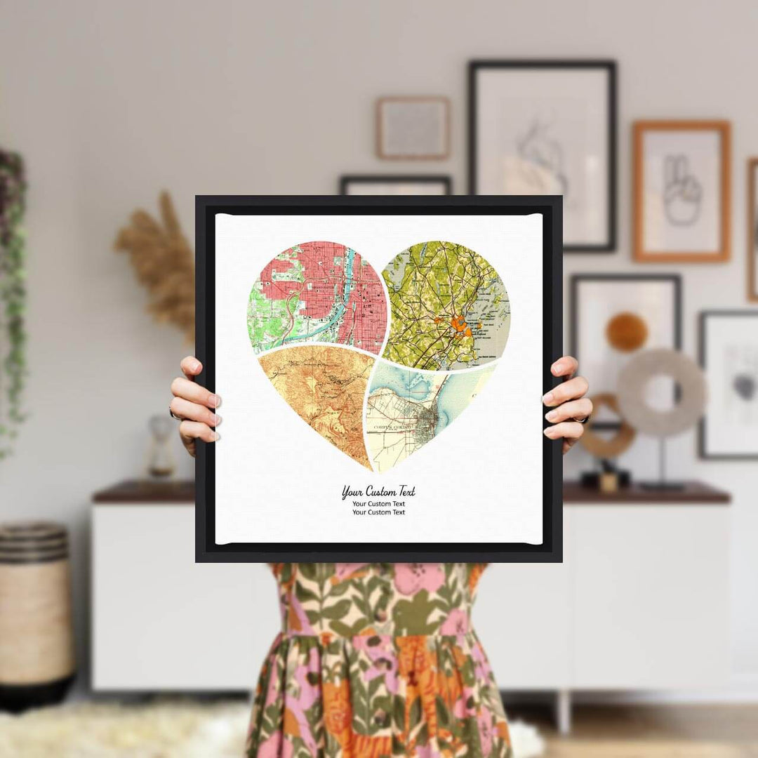 Heart Shape Atlas Art Personalized with 4 Joining Maps, Styled#color-finish_black-floater-frame