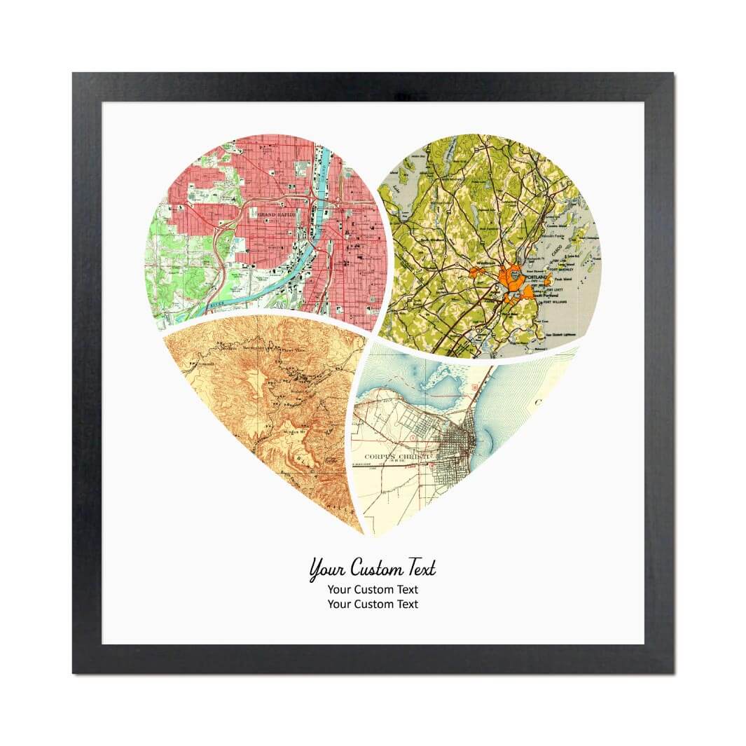 Heart Shape Atlas Art Personalized with 4 Joining Maps#color-finish_black-thin-frame