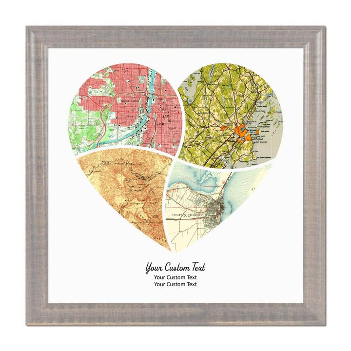 Heart Shape Atlas Art Personalized with 4 Joining Maps#color-finish_gray-beveled-frame