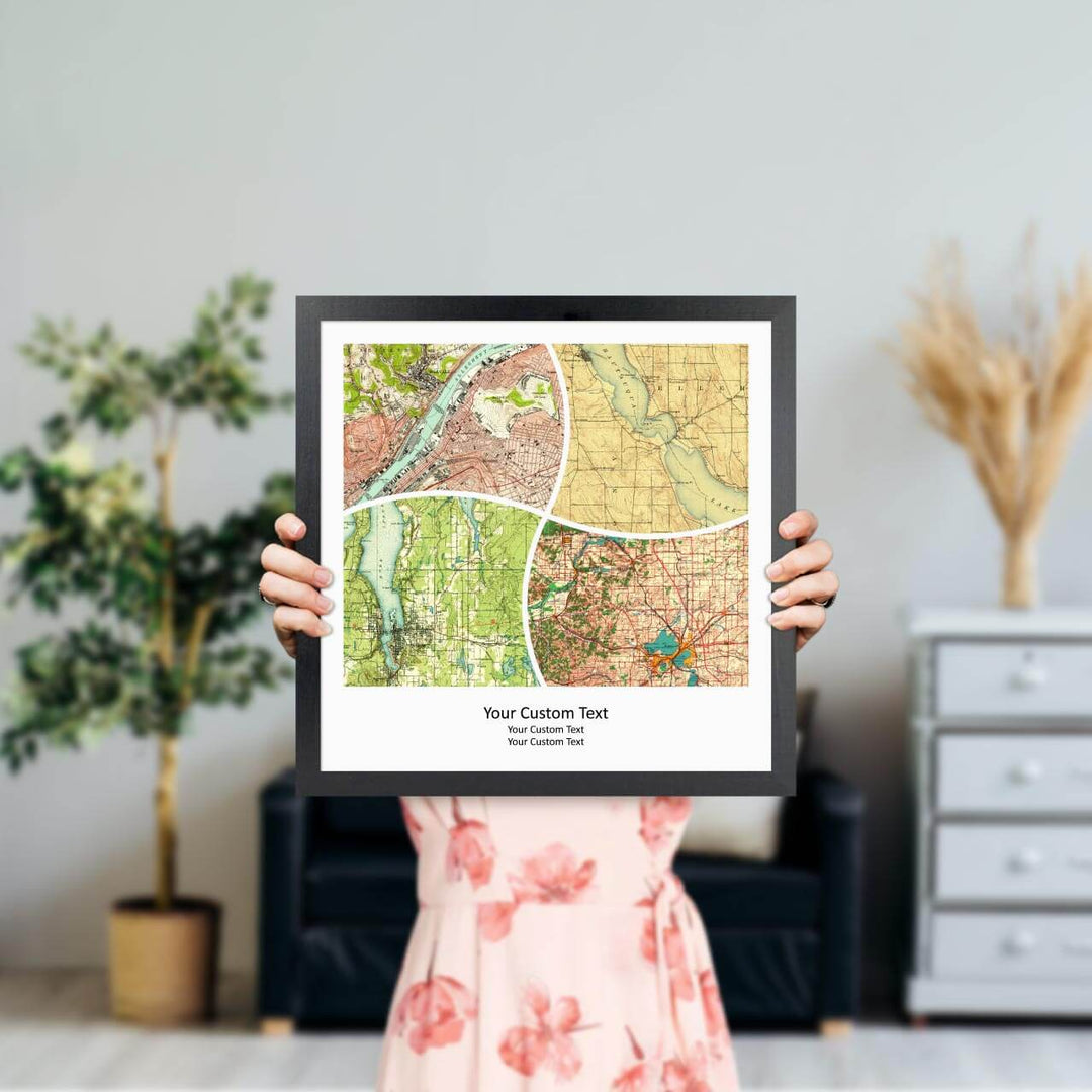 Rectangle Shape Atlas Art Personalized with 4 Joining Maps, Styled#color-finish_black-thin-frame