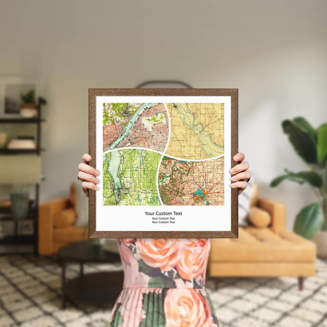Rectangle Shape Atlas Art Personalized with 4 Joining Maps, Styled#color-finish_walnut-thin-frame