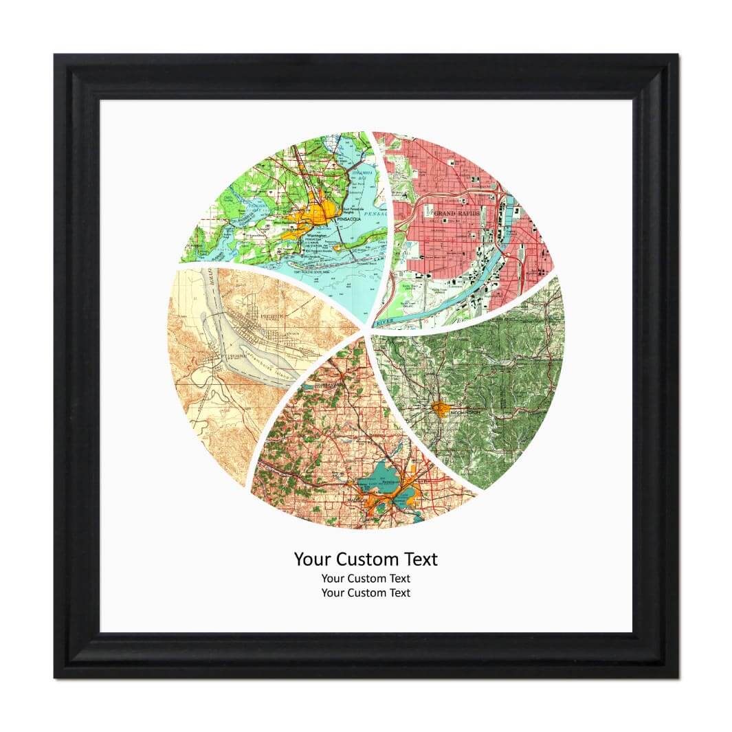 Circle Shape Atlas Art Personalized with 5 Joining Maps#color-finish_black-beveled-frame