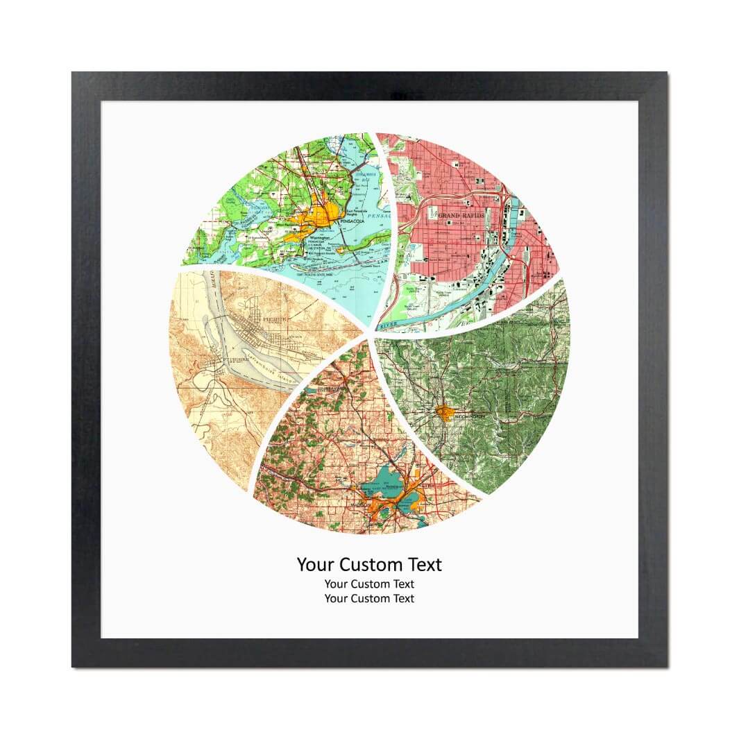 Circle Shape Atlas Art Personalized with 5 Joining Maps#color-finish_black-thin-frame