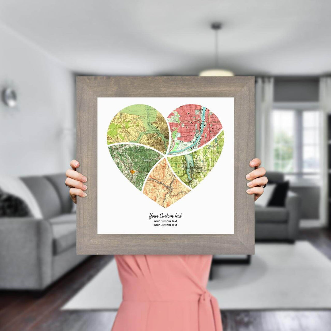 Heart Shape Atlas Art Personalized with 5 Joining Maps, Styled#color-finish_gray-wide-frame