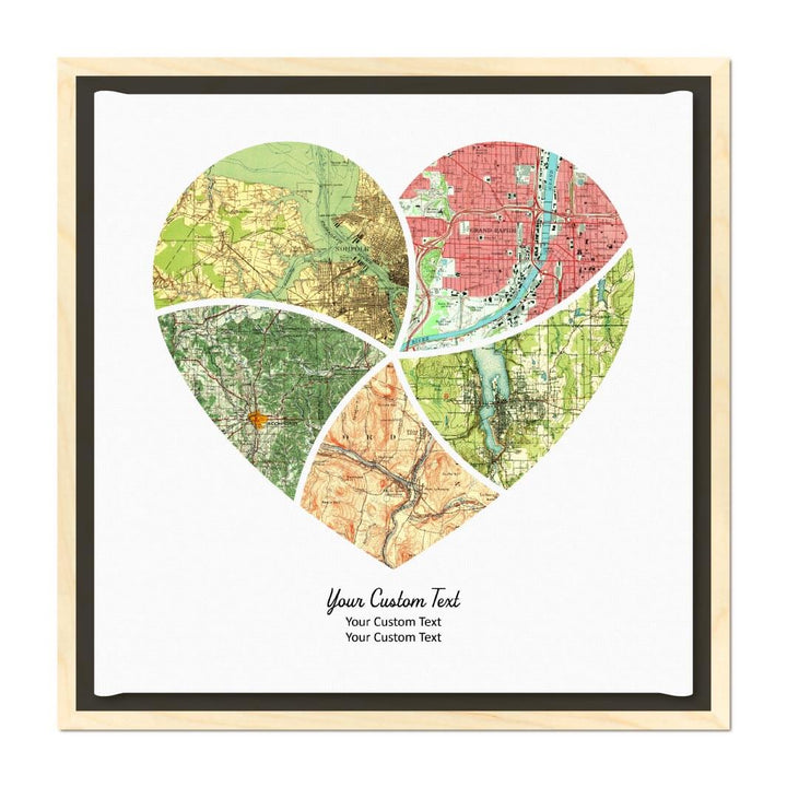 Heart Shape Atlas Art Personalized with 5 Joining Maps#color-finish_light-wood-floater-frame
