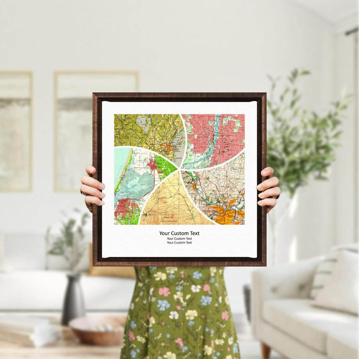 Rectangle Shape Atlas Art Personalized with 5 Joining Maps, Styled#color-finish_espresso-floater-frame