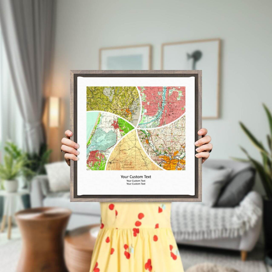 Rectangle Shape Atlas Art Personalized with 5 Joining Maps, Styled#color-finish_gray-floater-frame