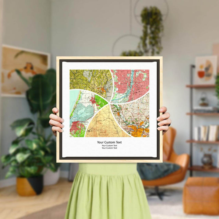 Rectangle Shape Atlas Art Personalized with 5 Joining Maps, Styled#color-finish_light-wood-floater-frame