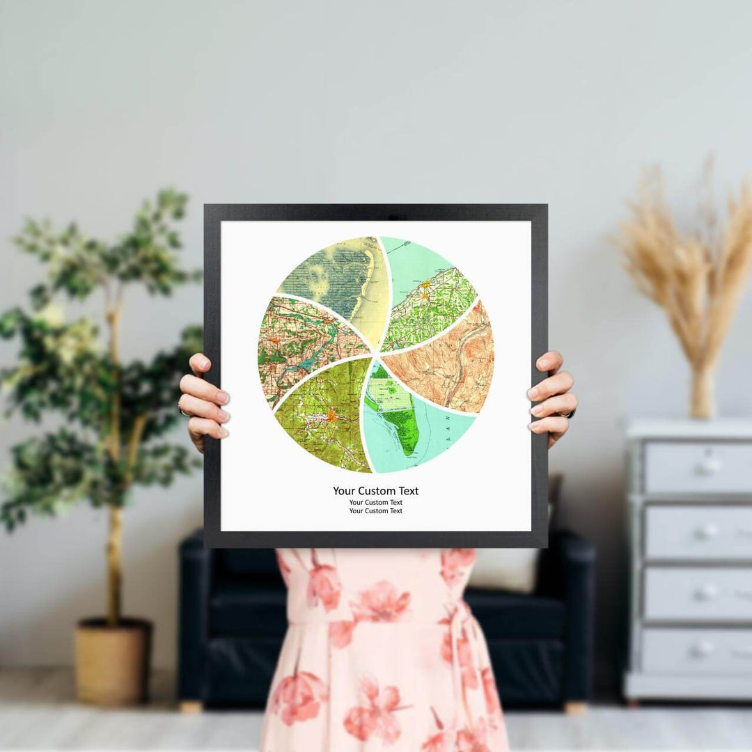 Circle Shape Atlas Art Personalized with 6 Joining Maps, Styled#color-finish_black-thin-frame