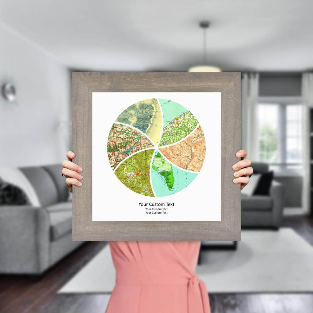 Circle Shape Atlas Art Personalized with 6 Joining Maps, Styled#color-finish_gray-wide-frame