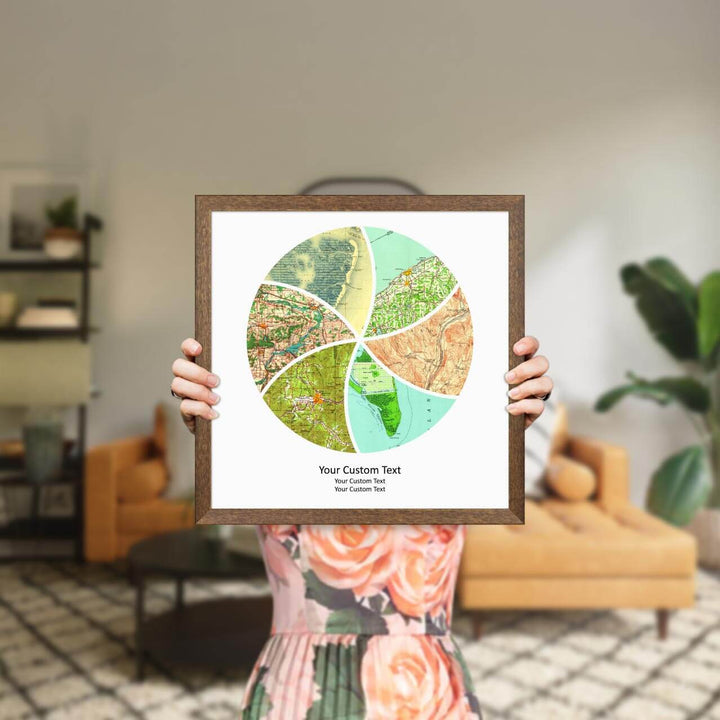 Circle Shape Atlas Art Personalized with 6 Joining Maps, Styled#color-finish_walnut-thin-frame
