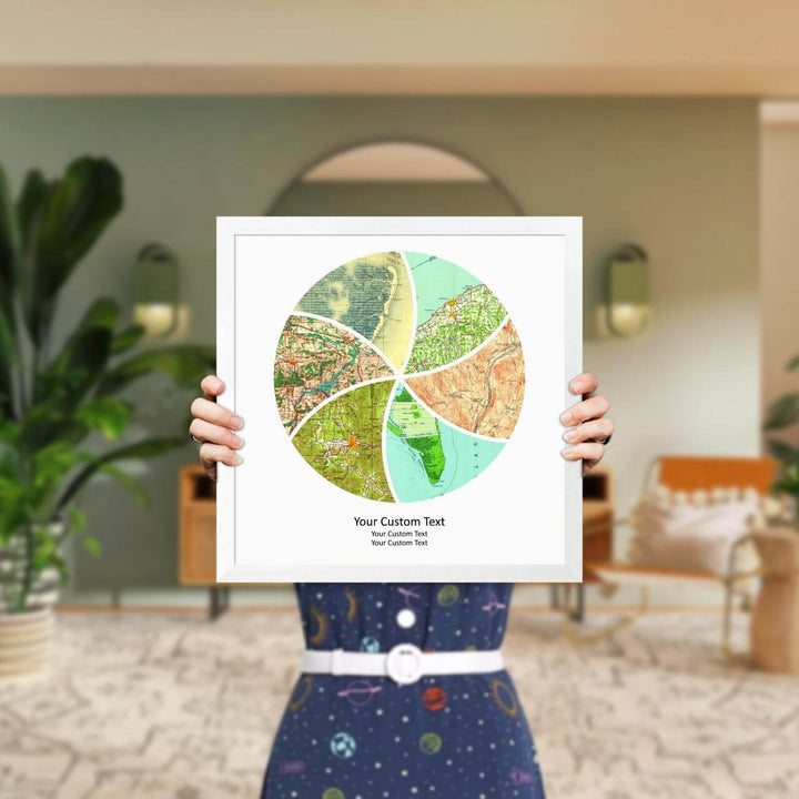 Circle Shape Atlas Art Personalized with 6 Joining Maps, Styled#color-finish_white-thin-frame