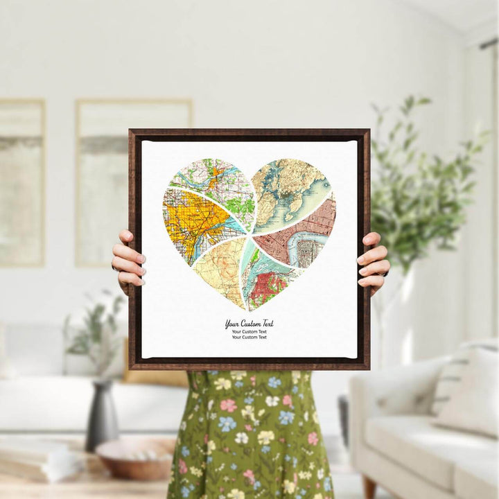 Heart Shape Atlas Art Personalized with 6 Joining Maps, Styled#color-finish_espresso-floater-frame