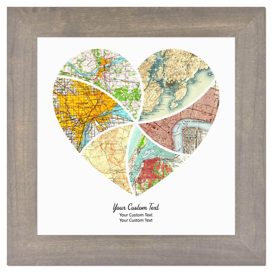 Heart Shape Atlas Art Personalized with 6 Joining Maps#color-finish_gray-wide-frame