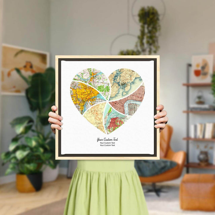 Heart Shape Atlas Art Personalized with 6 Joining Maps, Styled#color-finish_light-wood-floater-frame