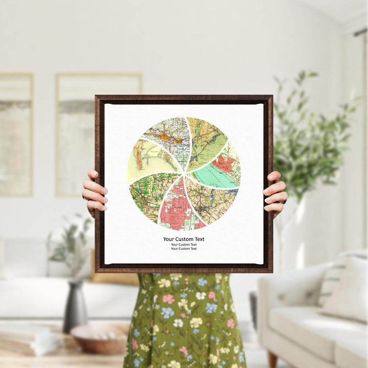 Circle Shape Atlas Art Personalized with 7 Joining Maps, Styled#color-finish_espresso-floater-frame