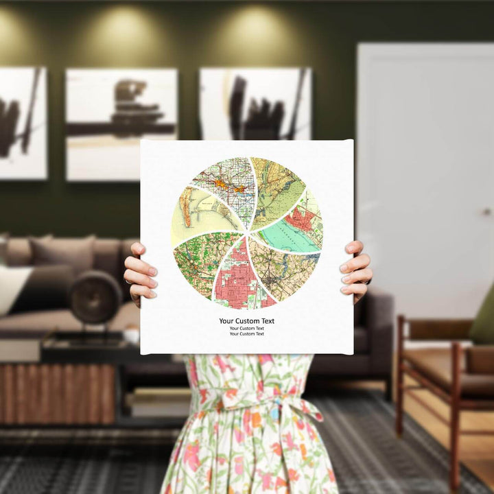 Circle Shape Atlas Art Personalized with 7 Joining Maps, Styled#color-finish_wrapped-canvas