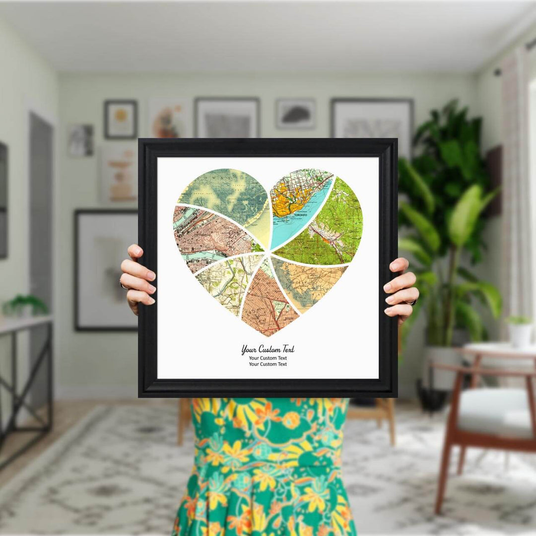 Heart Shape Atlas Art Personalized with 7 Joining Maps, Styled#color-finish_black-beveled-frame