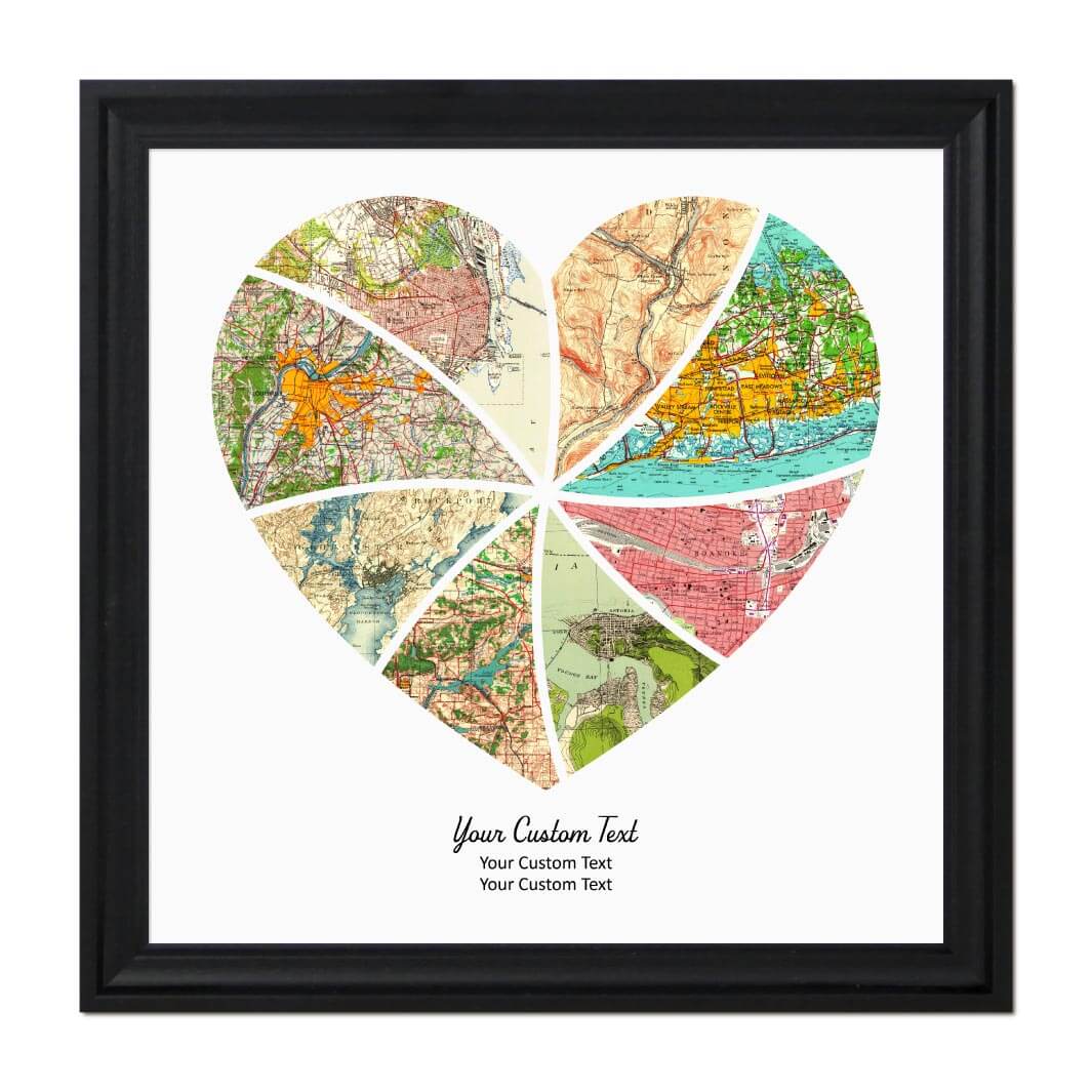 Heart Shape Atlas Art Personalized with 8 Joining Maps#color-finish_black-beveled-frame