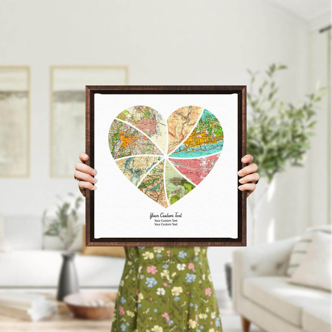 Heart Shape Atlas Art Personalized with 8 Joining Maps, Styled#color-finish_espresso-floater-frame