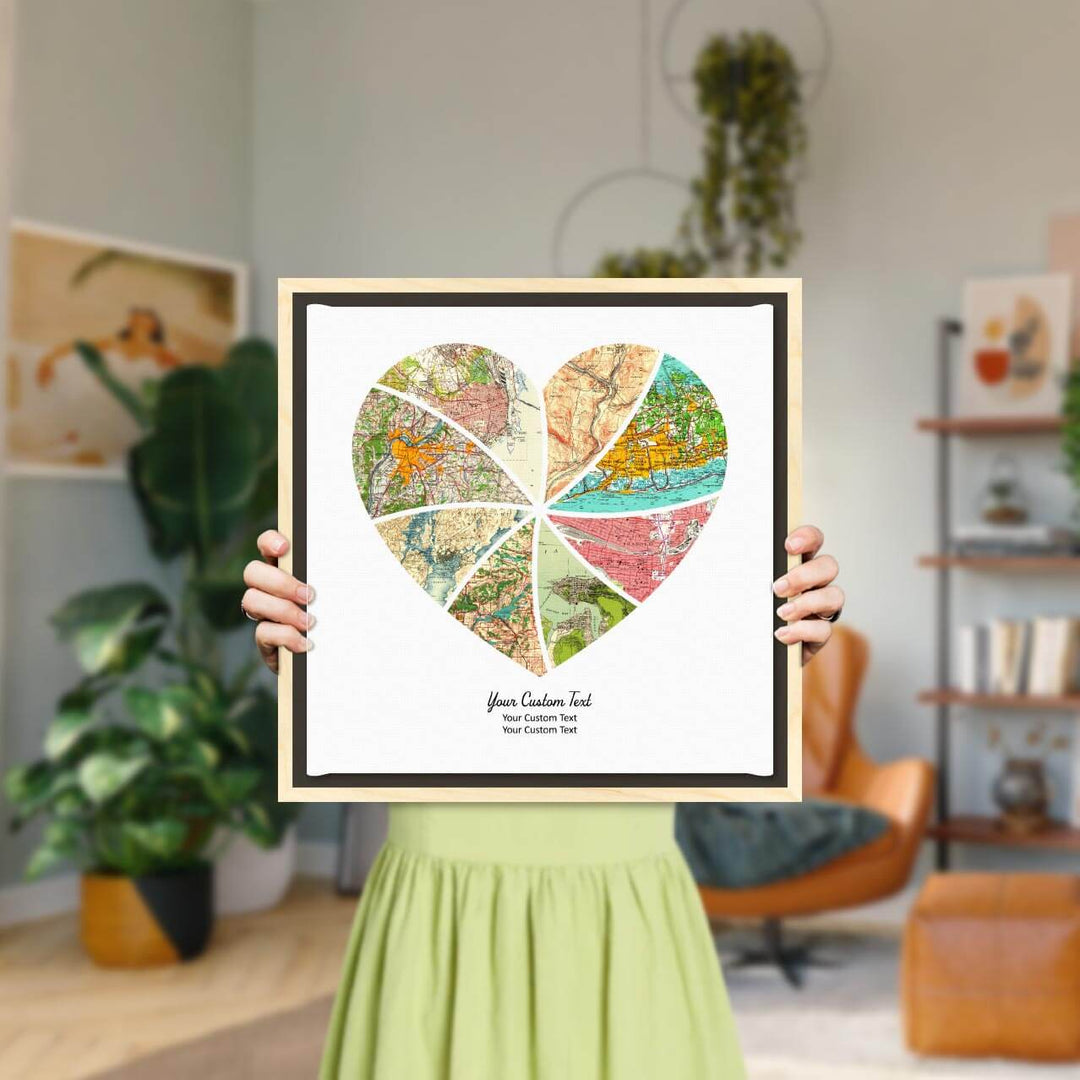 Heart Shape Atlas Art Personalized with 8 Joining Maps, Styled#color-finish_light-wood-floater-frame