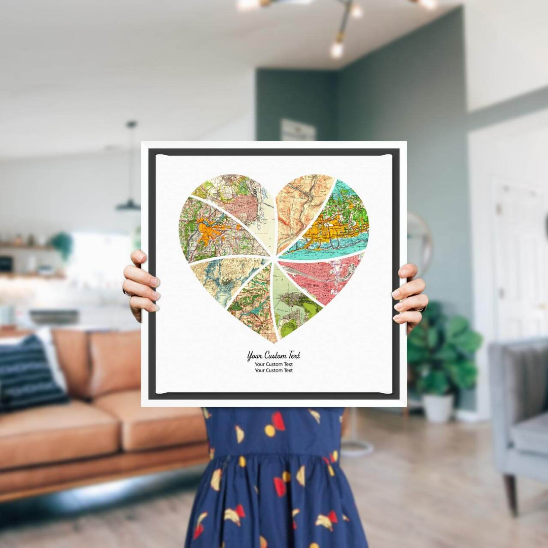 Heart Shape Atlas Art Personalized with 8 Joining Maps, Styled#color-finish_white-floater-frame