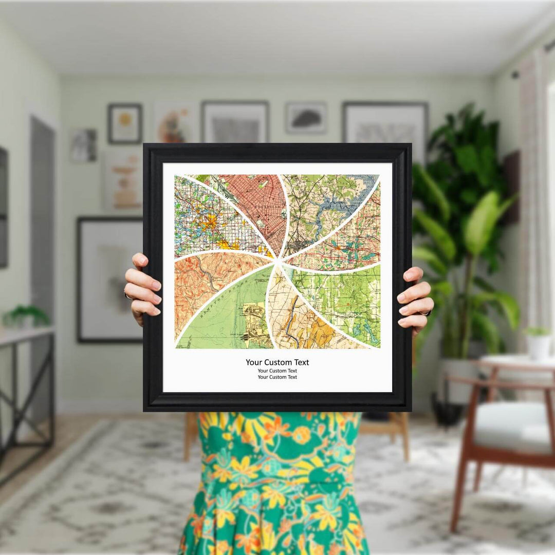 Rectangle Shape Atlas Art Personalized with 8 Joining Maps, Styled#color-finish_black-beveled-frame