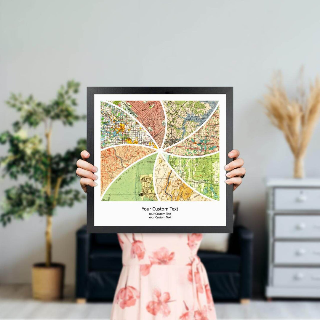 Rectangle Shape Atlas Art Personalized with 8 Joining Maps, Styled#color-finish_black-thin-frame