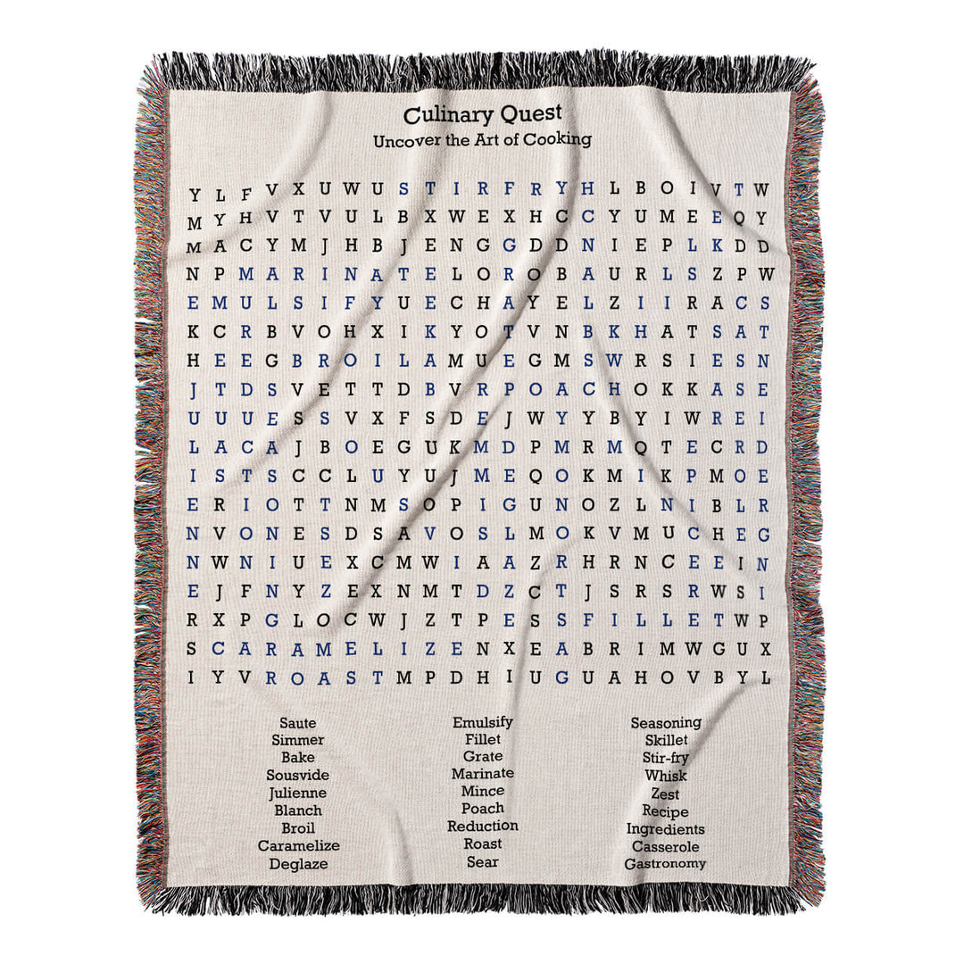 Culinary Quest Word Search, 50x60 Woven Throw Blanket, Blue#color-of-hidden-words_blue