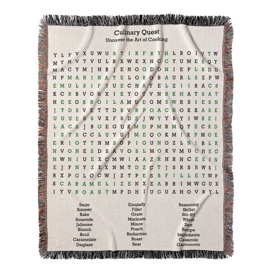 Culinary Quest Word Search, 50x60 Woven Throw Blanket, Green#color-of-hidden-words_green