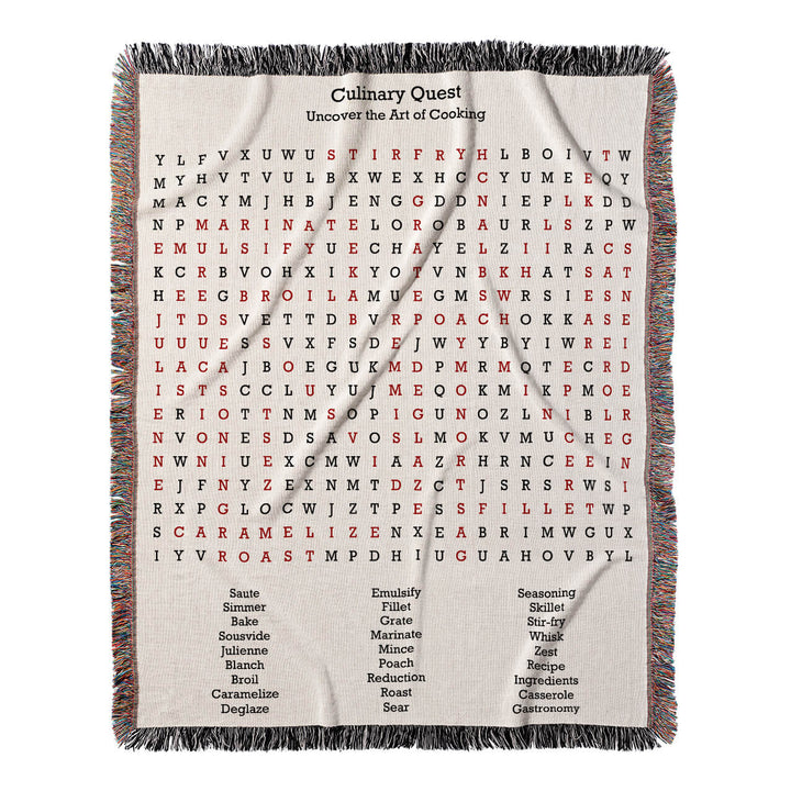 Culinary Quest Word Search, 50x60 Woven Throw Blanket, Red#color-of-hidden-words_red