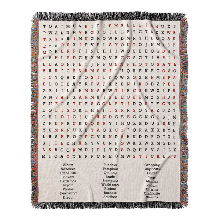 Crafting Memories Word Search, 50x60 Woven Throw Blanket, Red#color-of-hidden-words_red