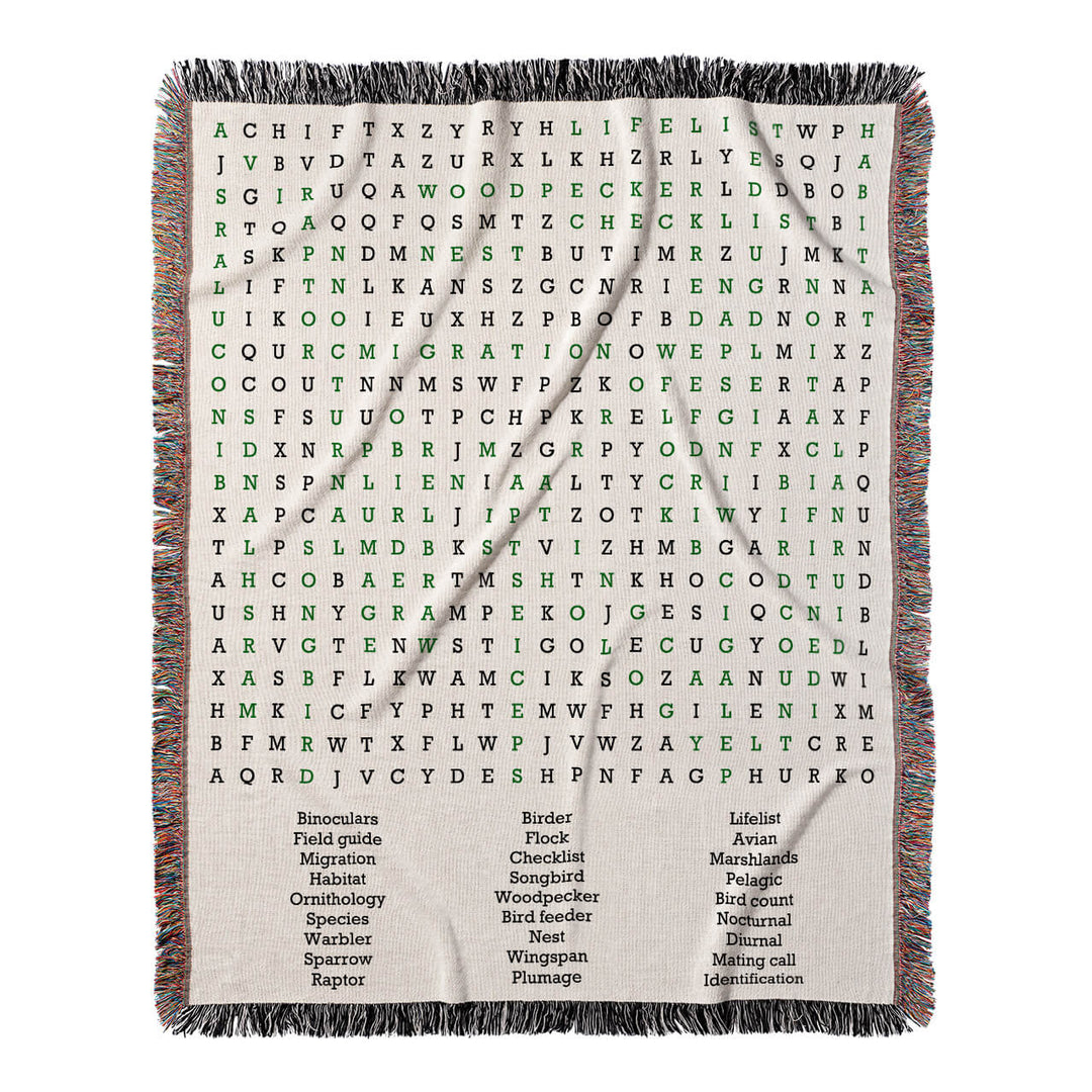 Feathered Friends Word Search, 50x60 Woven Throw Blanket, Green#color-of-hidden-words_green
