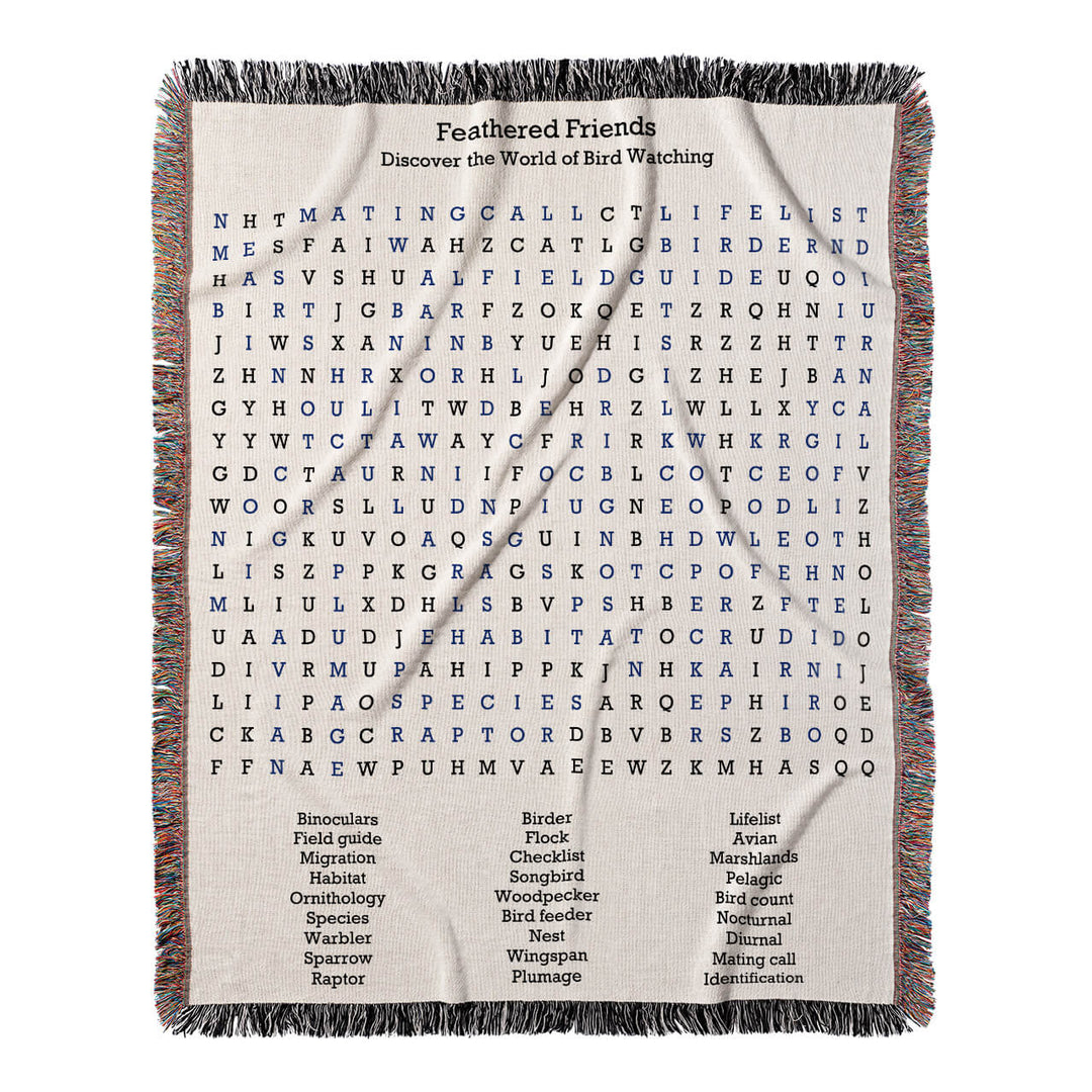 Feathered Friends Word Search, 50x60 Woven Throw Blanket, Blue#color-of-hidden-words_blue