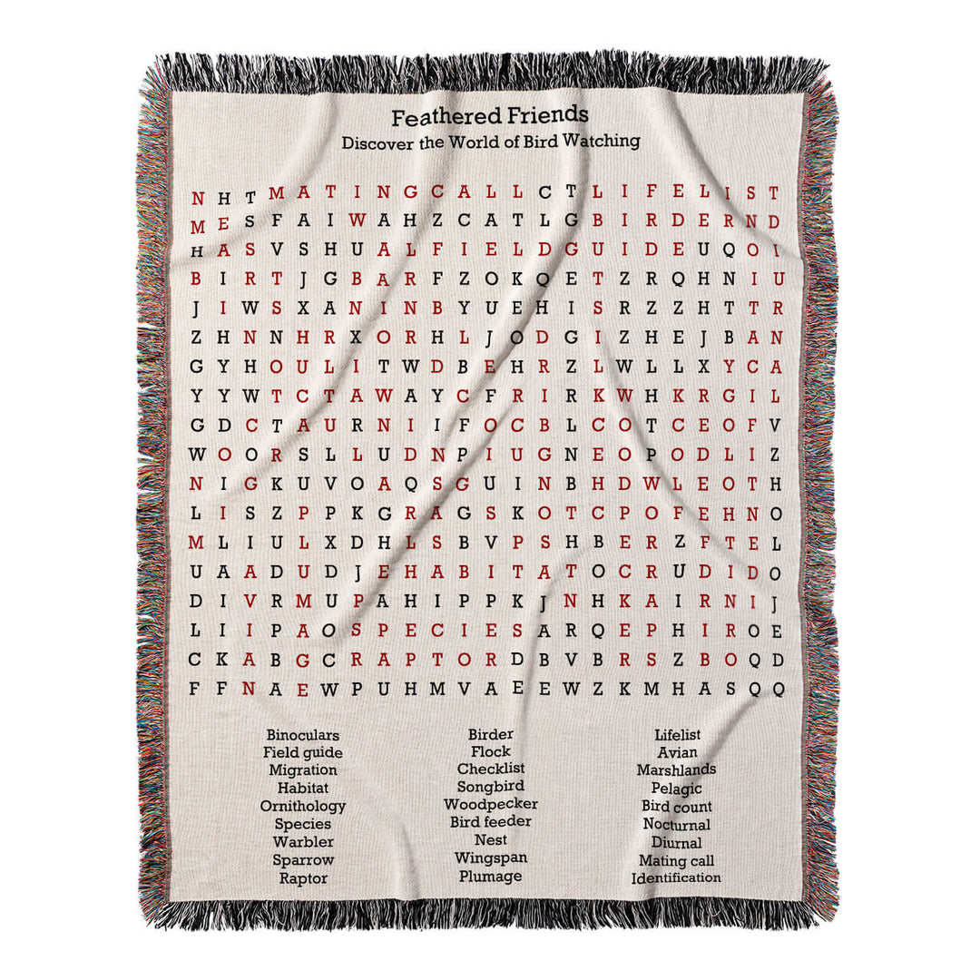 Feathered Friends Word Search, 50x60 Woven Throw Blanket, Red#color-of-hidden-words_red