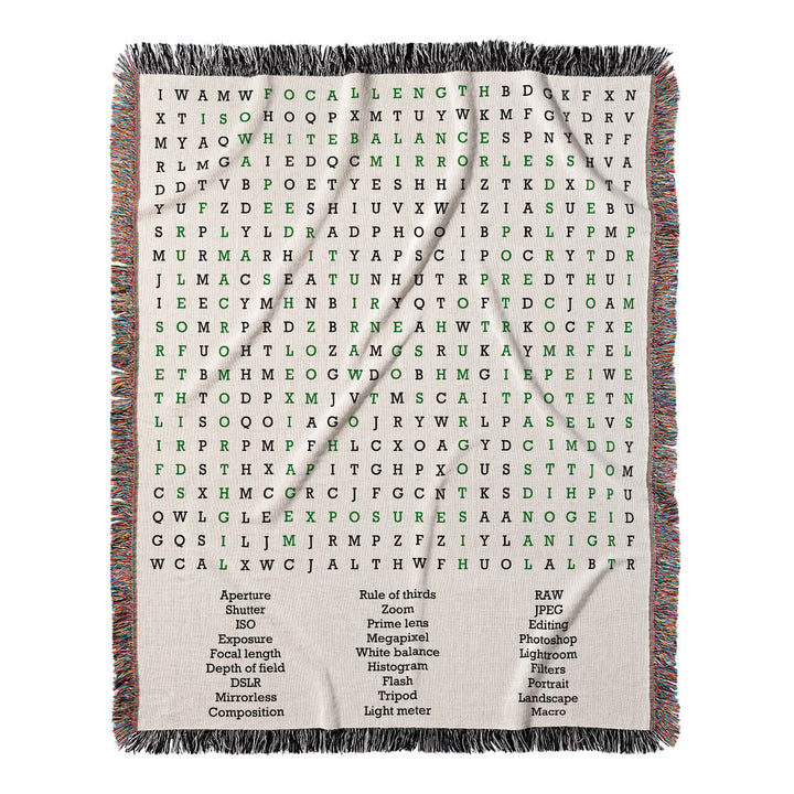 Capturing Moments Word Search, 50x60 Woven Throw Blanket, Green#color-of-hidden-words_green