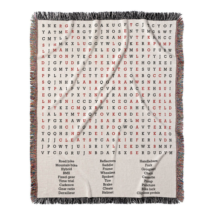 Pedal Adventures Word Search, 50x60 Woven Throw Blanket, Red#color-of-hidden-words_red