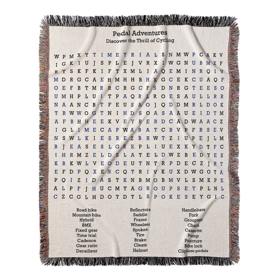 Pedal Adventures Word Search, 50x60 Woven Throw Blanket, Blue#color-of-hidden-words_blue