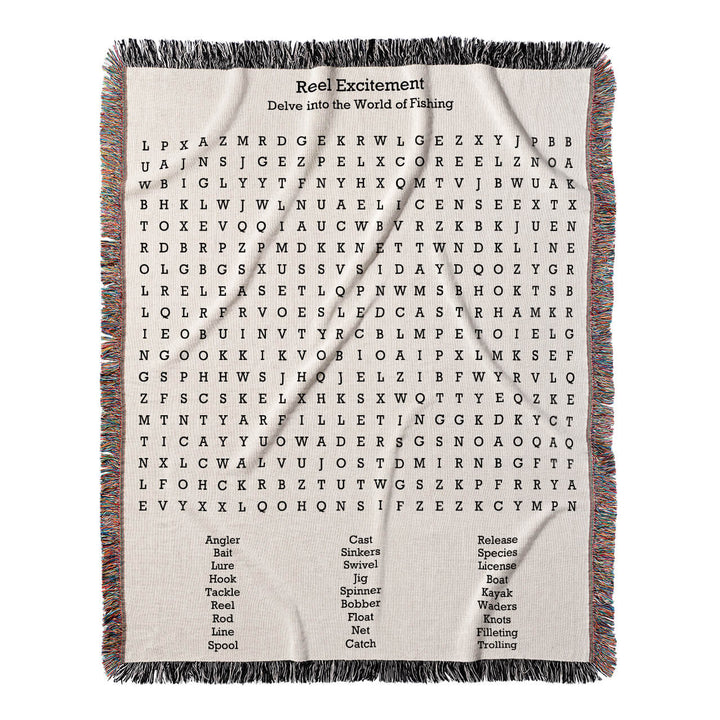 Reel Excitement Word Search, 50x60 Woven Throw Blanket, Hidden#color-of-hidden-words_hidden