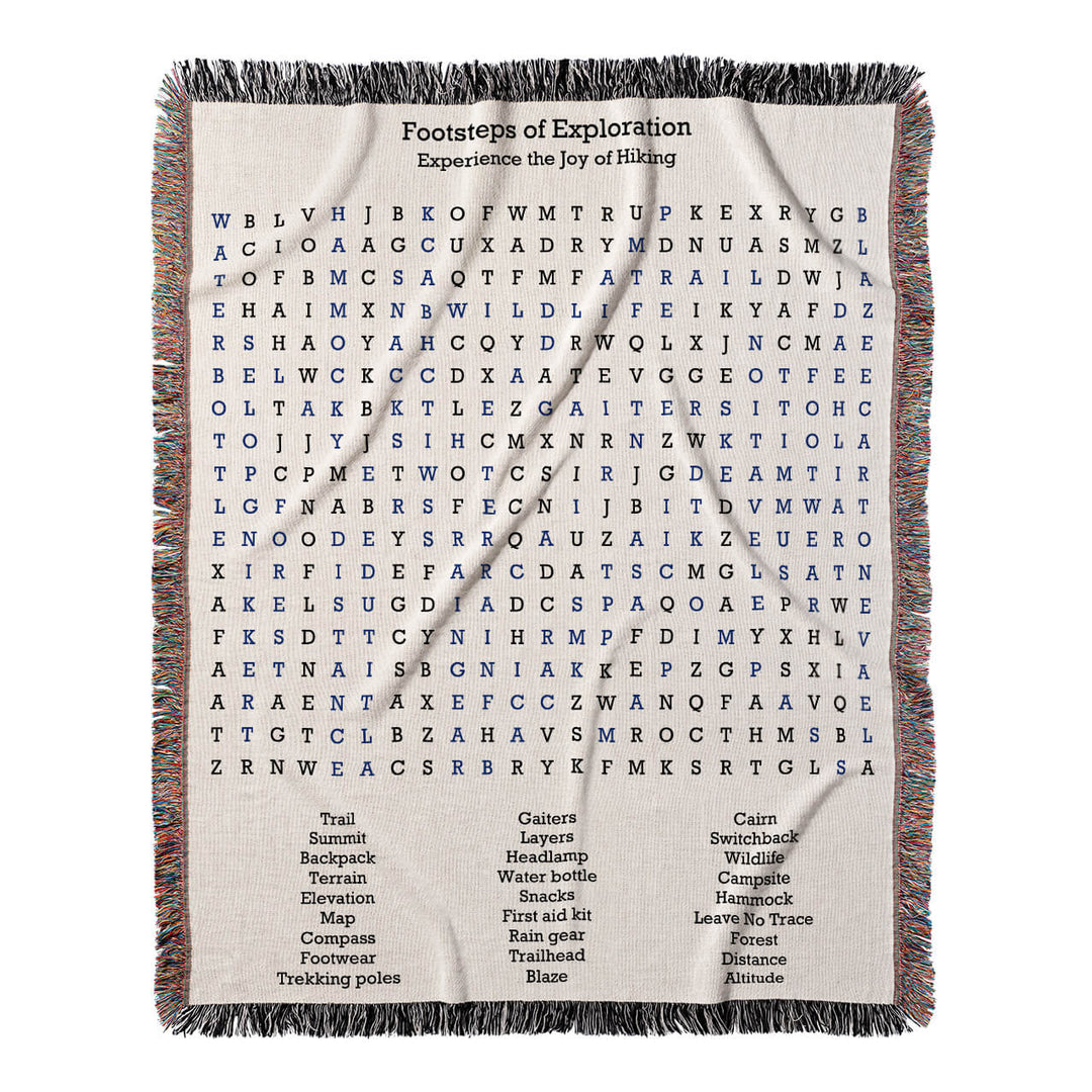 Footsteps of Exploration Word Search, 50x60 Woven Throw Blanket, Blue#color-of-hidden-words_blue