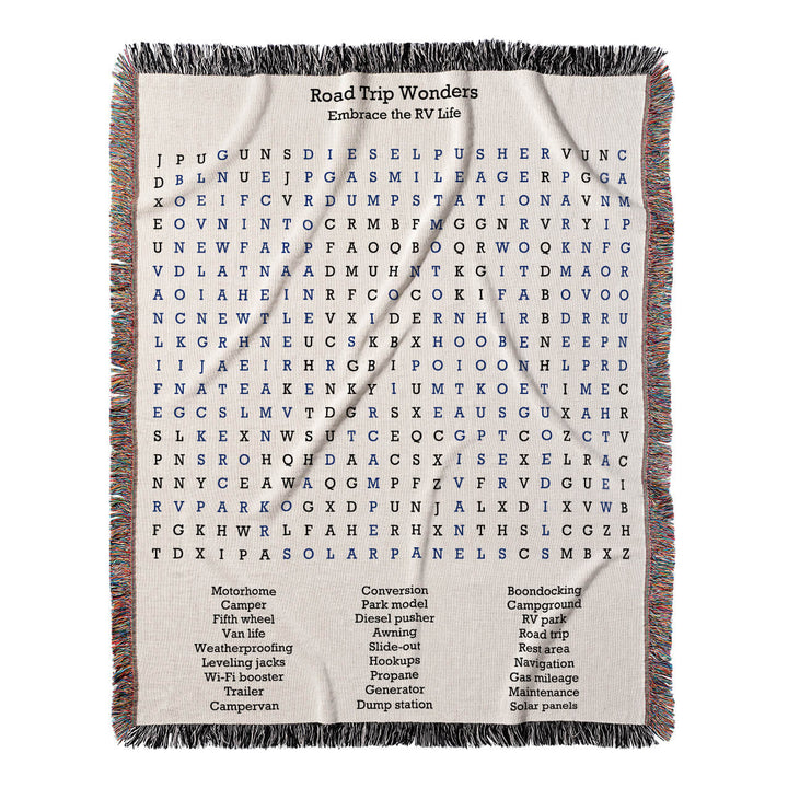 Road Trip Wonders Word Search, 50x60 Woven Throw Blanket, Blue#color-of-hidden-words_blue
