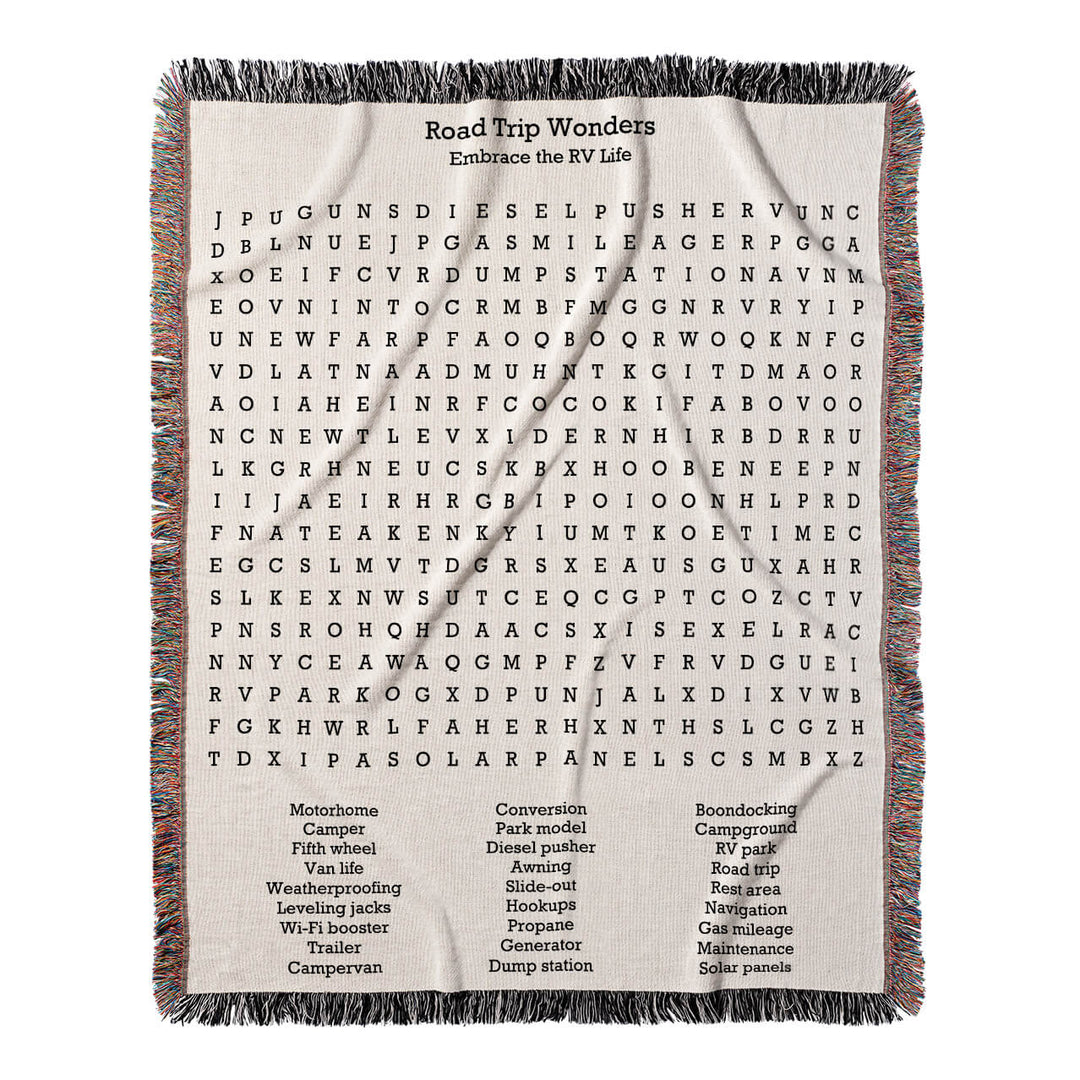 Road Trip Wonders Word Search, 50x60 Woven Throw Blanket, Hidden#color-of-hidden-words_hidden