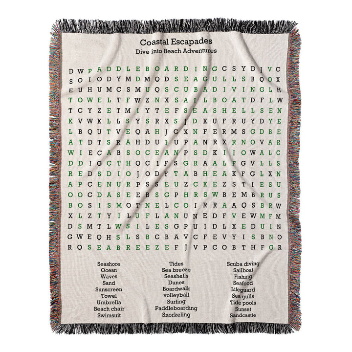 Coastal Escapades Word Search, 50x60 Woven Throw Blanket, Green#color-of-hidden-words_green