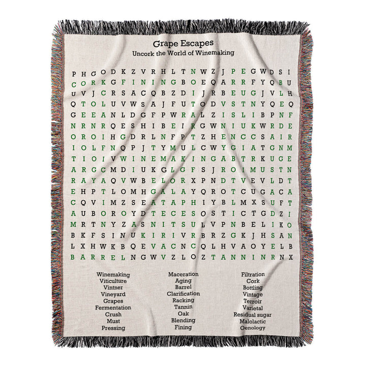 Grape Escapes Word Search, 50x60 Woven Throw Blanket, Green#color-of-hidden-words_green