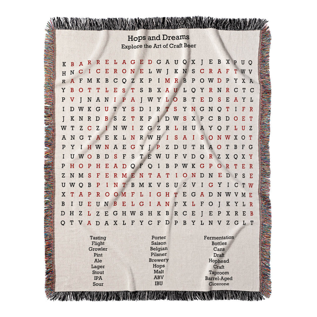 Hops and Dreams Word Search, 50x60 Woven Throw Blanket, Red#color-of-hidden-words_red
