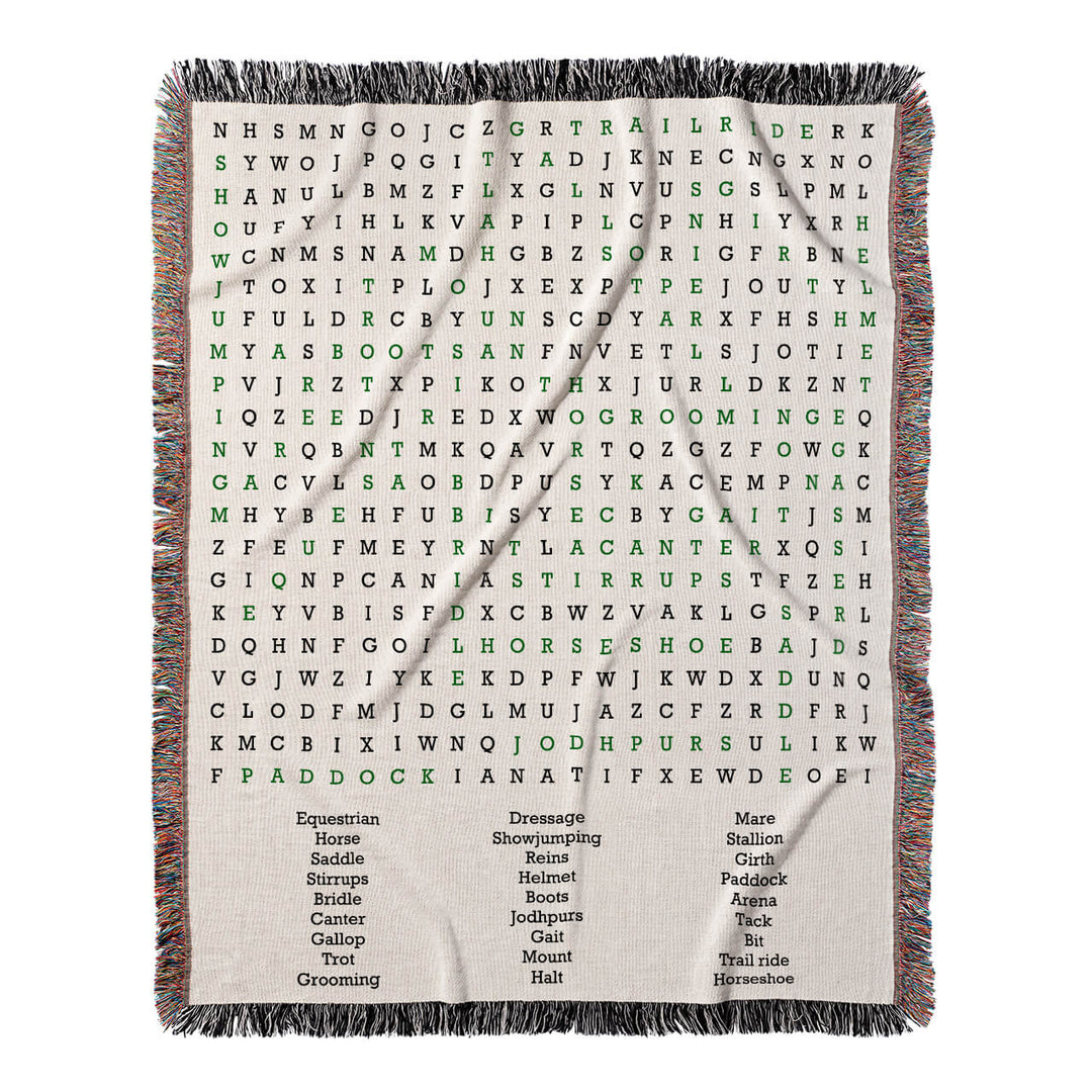 Galloping Adventures Word Search, 50x60 Woven Throw Blanket, Green#color-of-hidden-words_green