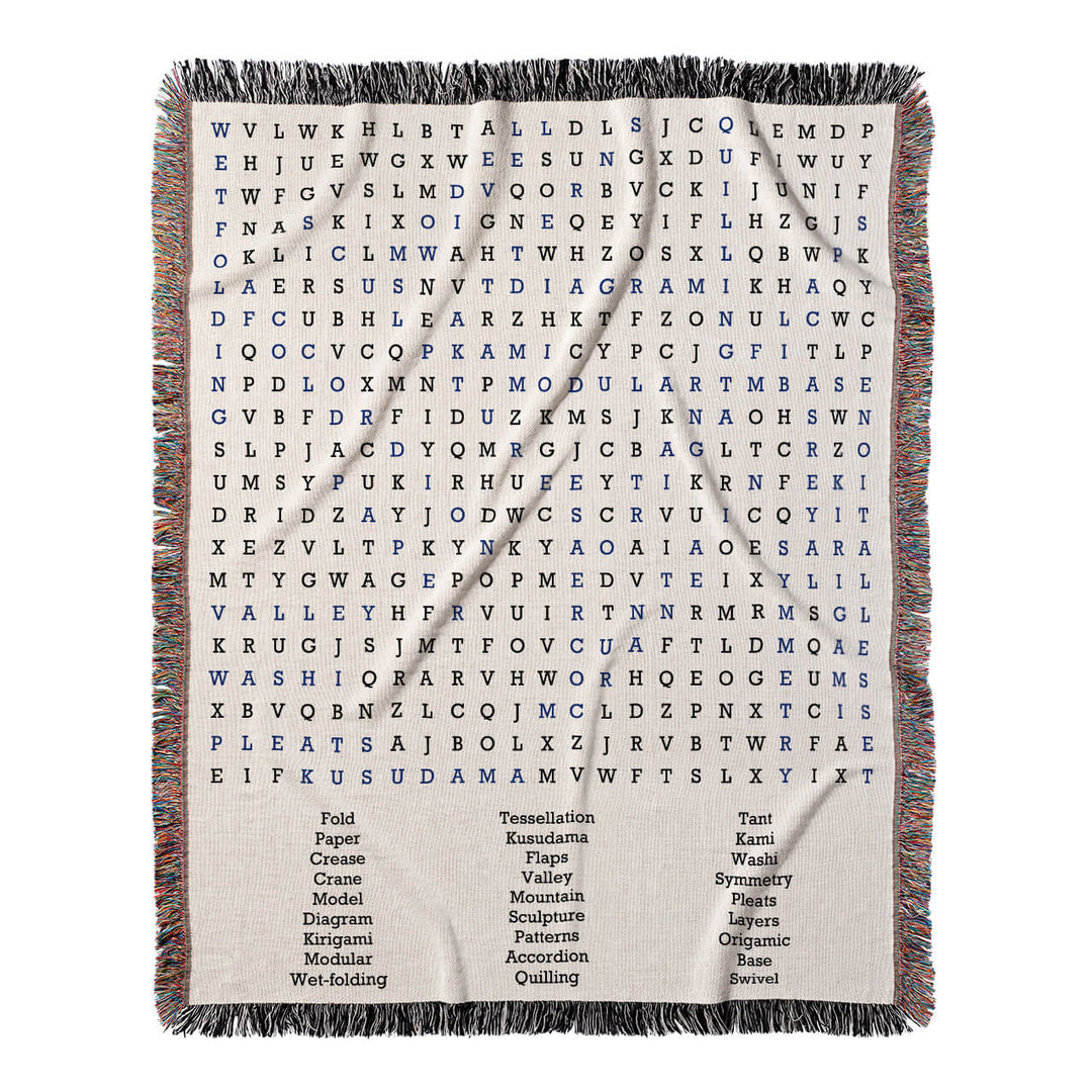 Folding Masterpieces Word Search, 50x60 Woven Throw Blanket, Blue#color-of-hidden-words_blue