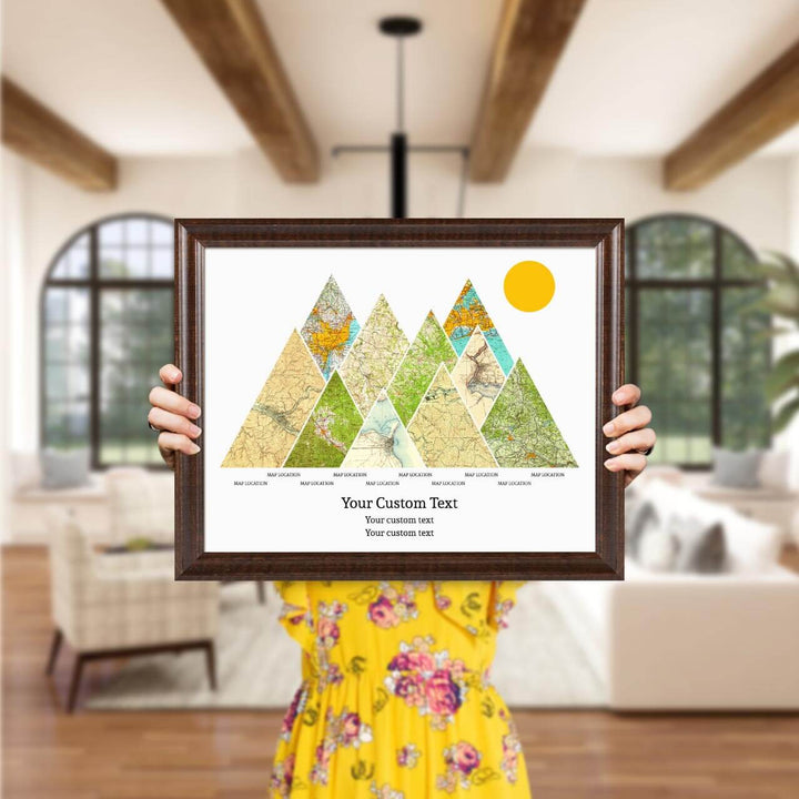 Personalized Mountain Atlas Map with 10 Locations, Espresso Beveled Framed Art Print, Styled#color-finish_espresso-beveled-frame