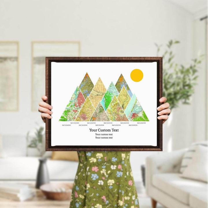 Personalized Mountain Atlas Map with 10 Locations, Espresso Floater Framed Art Print, Styled#color-finish_espresso-floater-frame